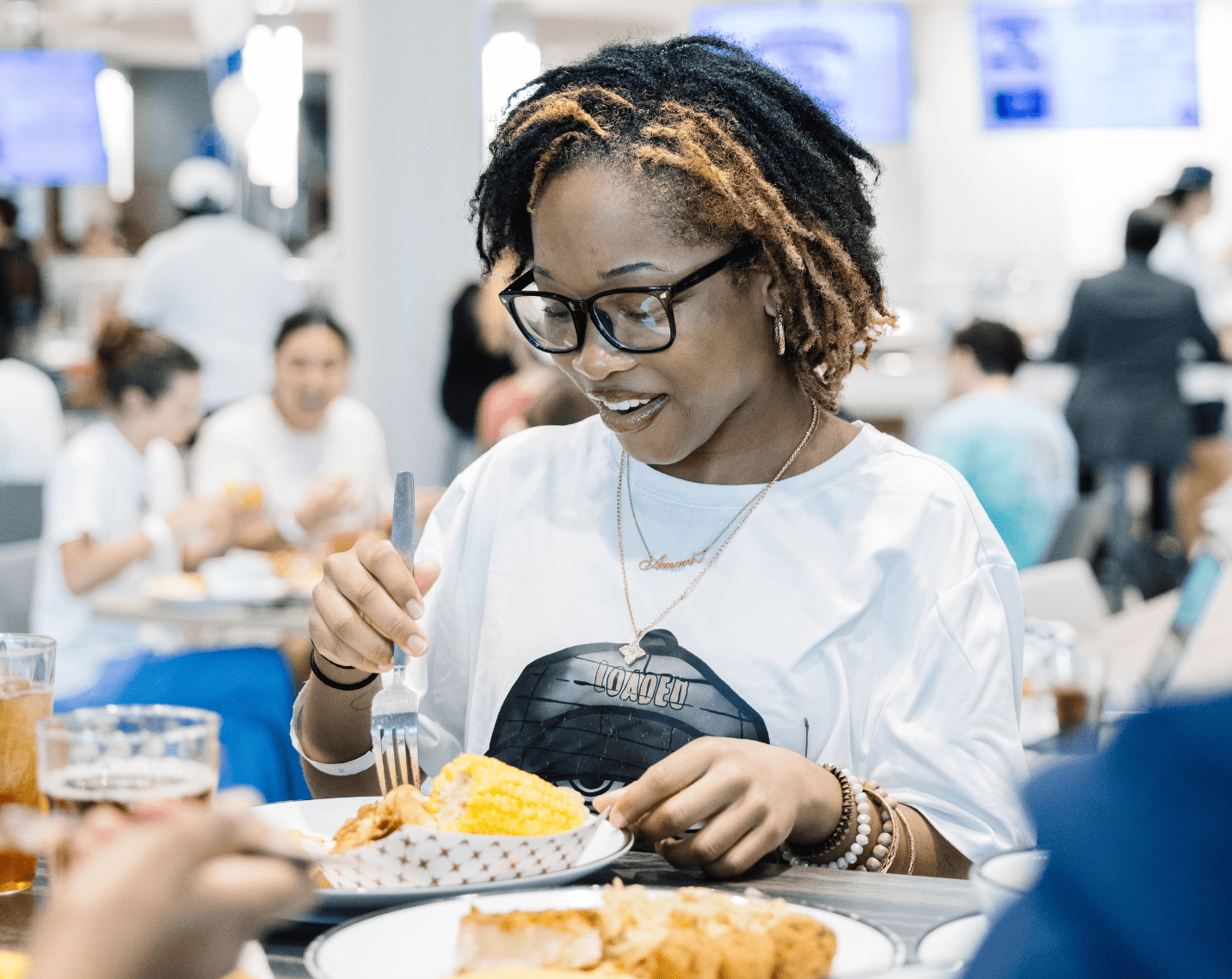 A student eating. 